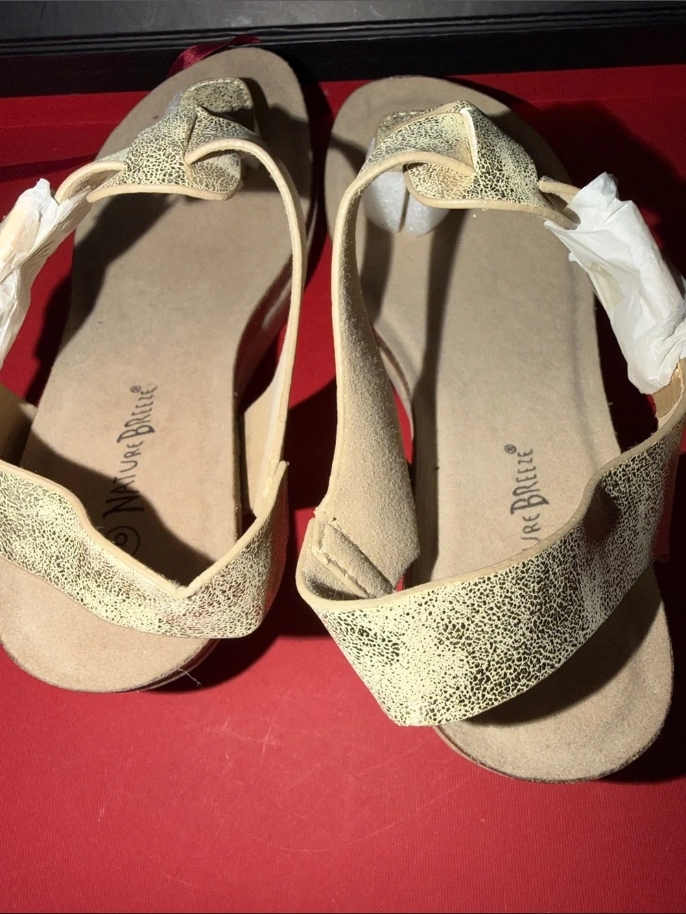 Natural Breeze NWOB Gold Braided T-Strap Wedge Sandals
